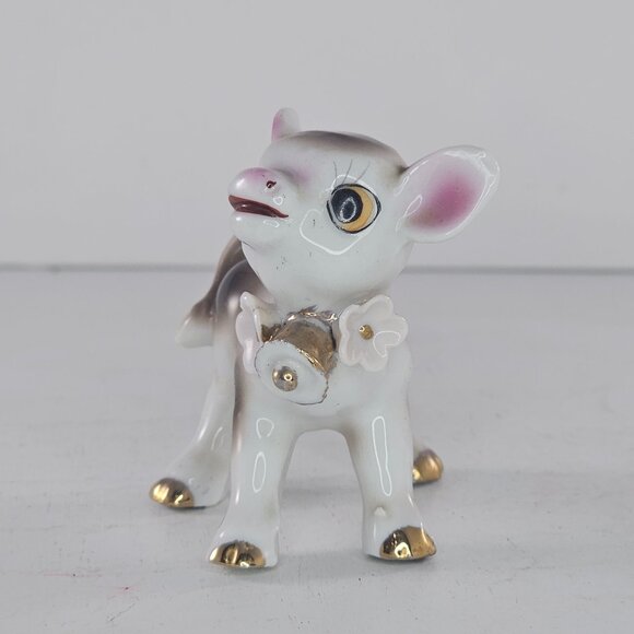 Vintage Ceramic Calf Baby Cow Figurine Flower Bell Collar Anthropomorphic *FLAW - Picture 3 of 8